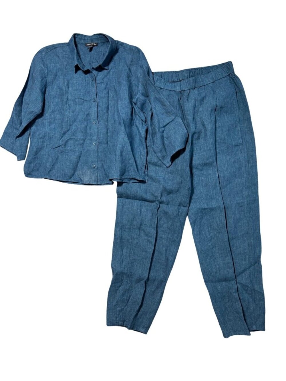 Eileen Fisher Womens Sz XS Organic 100% Linen Blue Pant & Blouse Set Relaxed Fit